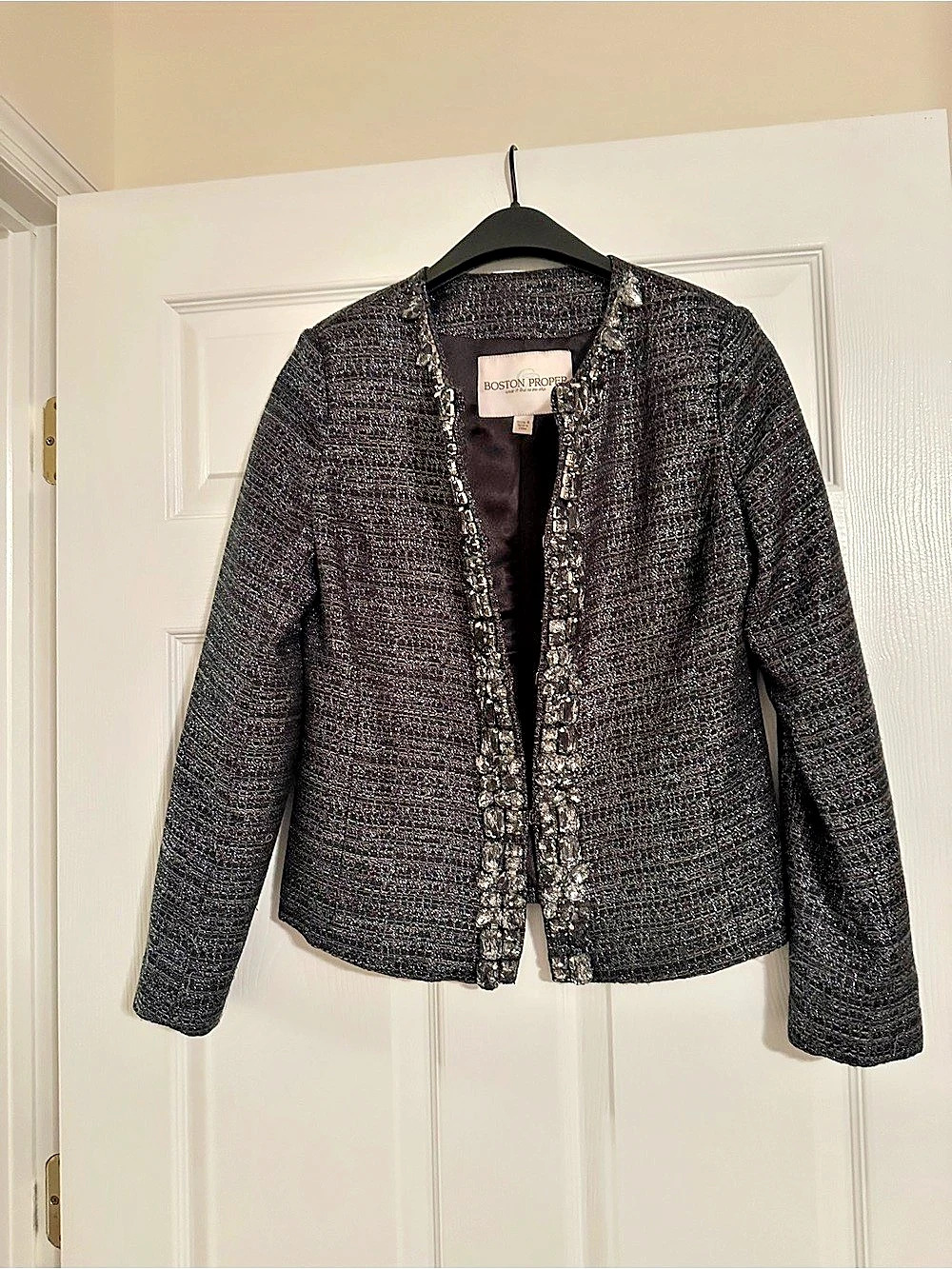 Boston Proper Size 4 Crystal Jewel Trim Metallic Tweed Holiday Jacket Blazer